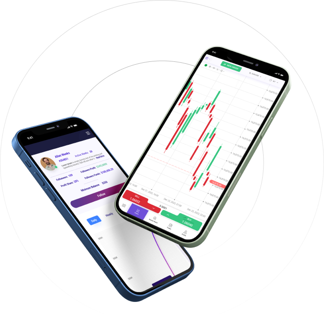two phones one wit trading chart other with platform